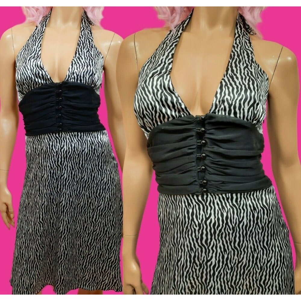 Y2K Satin Zebra Print Sleeveless Halter Dress Size S Black White Deep V